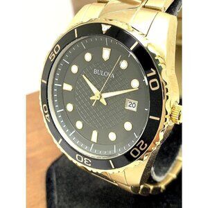 Bulova Men's Watch 98B375 Quartz Black Dial Date Gold Stainless Steel 43…